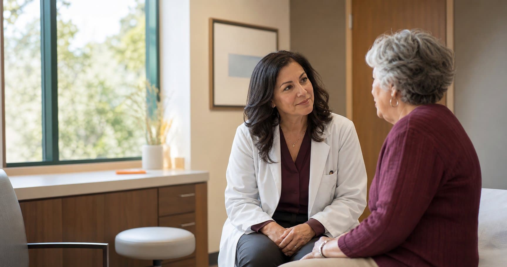 A physician speaking with a patient in a warm care setting